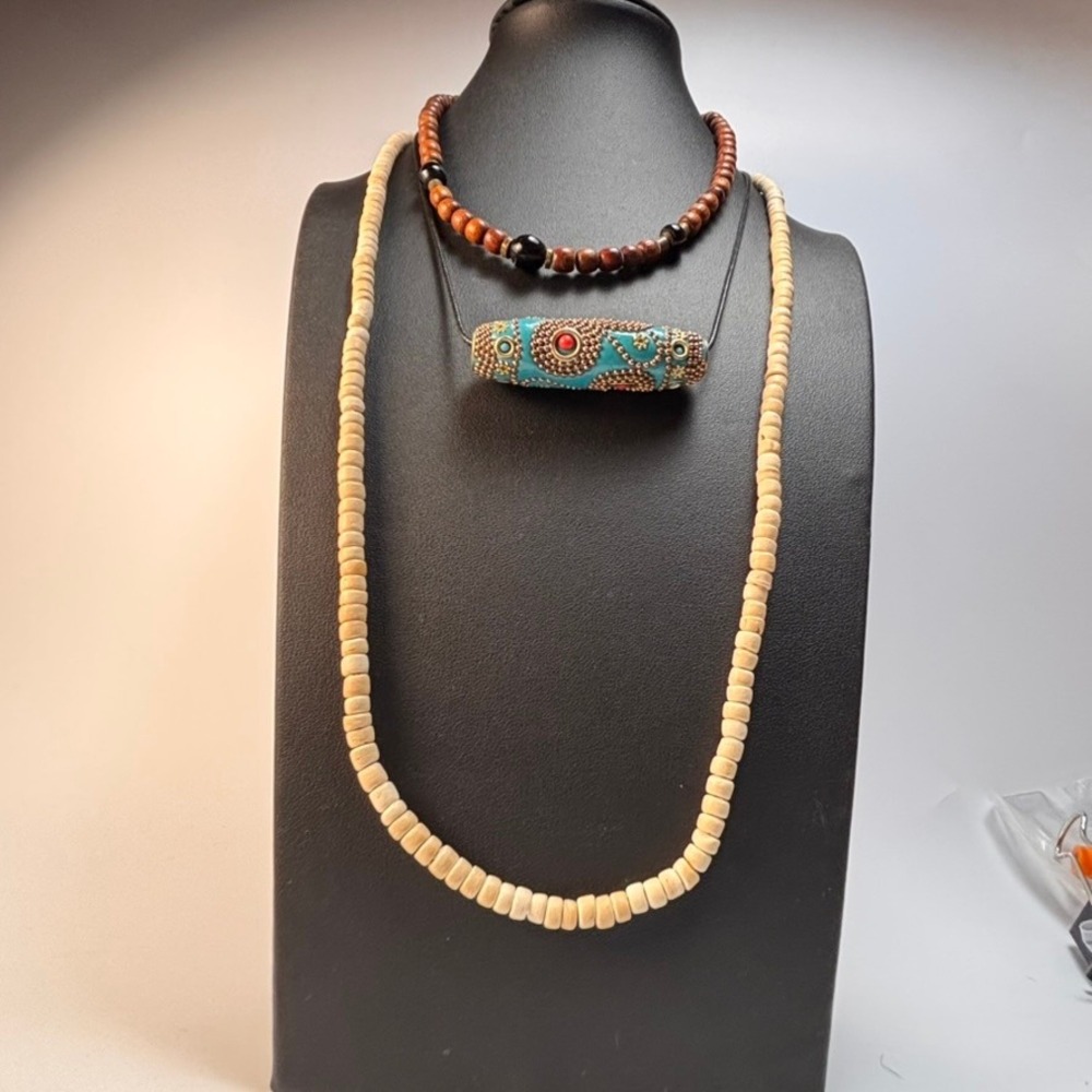 Vintage Beaded Necklace Set Brown Cream Turquoise Boho Statement Wood Resin Lot